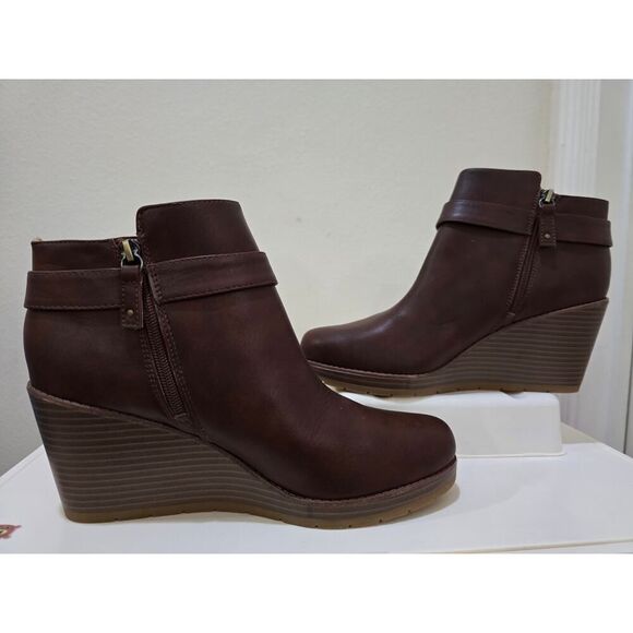 DR SCHOLLS Brown Anti-Odor 1/2" Platform Wedge Buckle Booties Comfort 11 M - Picture 3 of 10